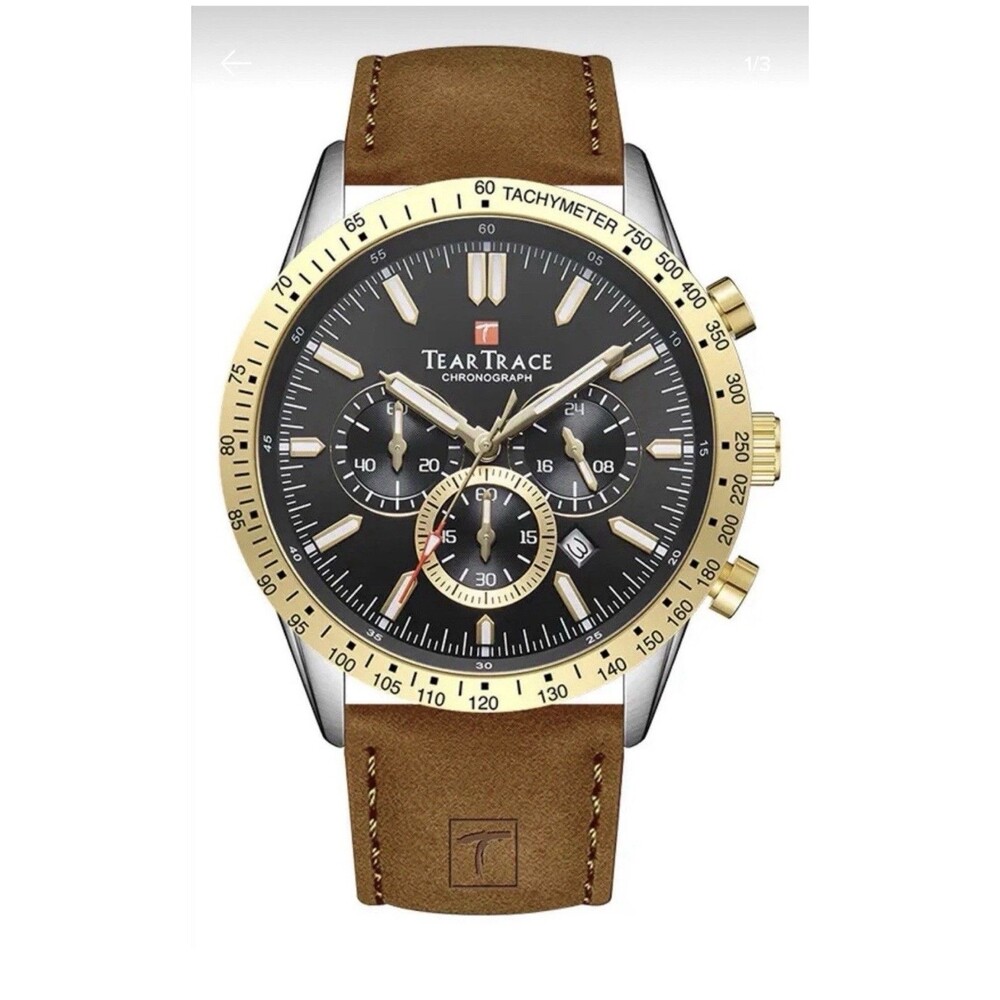 TEARTRACE Mens Gold Watch Analog Waterproof Chronograph Classical Leather Band